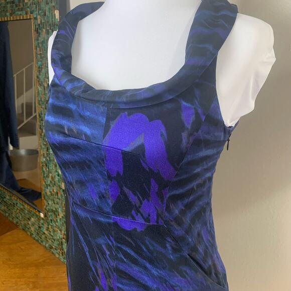 Theory Size 2 Benja Watercolor Sheath Dress Blue Draped Cowl Neck Cocktail - Picture 5 of 10